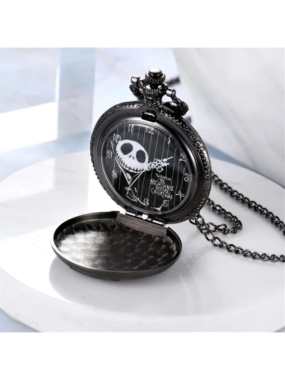 Men's Black Quartz Vintage Novelty Skull Skeleton Christmas Round Pocket Watch
